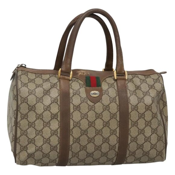 GUCCI GG Supreme Web Sherry Line Boston Bag PVC Beige Green Red Auth - Picture 2 of 16